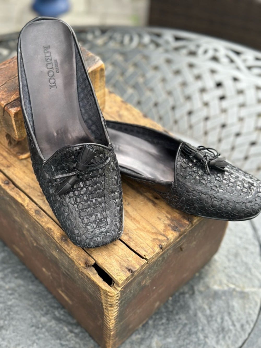 Sesto Meucci Italian Woven Leather Mules Tassel Slip On Flats Classic